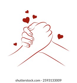 A friendly handshake, a line badge, a friend's hand helping to work in a team. Vector illustration