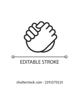 Friendly handshake pixel perfect linear icon. Joining hands. Buddies greeting gesture. Thin line illustration. Contour symbol. Vector outline drawing. Editable stroke. Arial font used