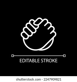 Friendly handshake pixel perfect white linear icon for dark theme. Joining hands. Buddies greeting gesture. Thin line illustration. Isolated symbol for night mode. Editable stroke. Arial font used