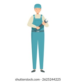 Friendly handyman is holding an adjustable wrench, ready to tackle any repair job