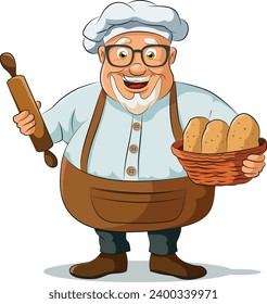 Friendly and happy baker with bread