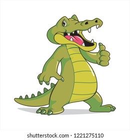 Friendly happy crocodile with thumb up hand pose on white background