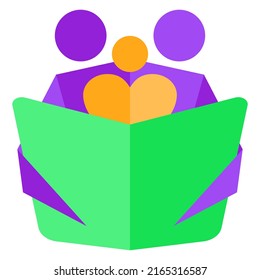 Friendly happy family reads a book. Abstract vector color icon of dad, mom and baby spending leisure time together isolated on transparent background
