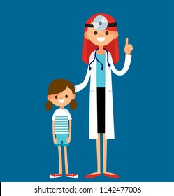 Friendly happy female doctor pediatrician with patient child girl standing close to each other. Vector illustration. Flat design.