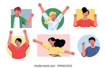 Friendly happy people flat vector illustration set. Men and women waving their hands and smiling. Cartoon  male and female portraits collection. 