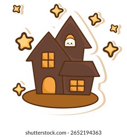 Uma casa amigável assombrada em estilo kawaii com um fantasma sorridente no sótão. Perfeito para adesivos de Halloween, cartões, ilustrações infantis assustadoras e impressões sazonais.