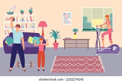 Friendly healthy lifestyle family together home sport exercises, woman elliptical trainer, man and kid dumbbell training flat vector illustration.