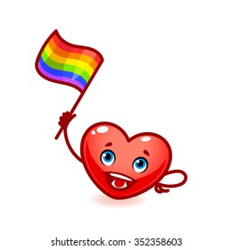 Friendly heart with rainbow flag in his hand. Free love. Funny cartoon character. Vector illustration on white background.
