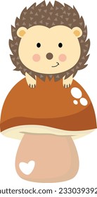 Friendly hedgehog on top of brown mushroom