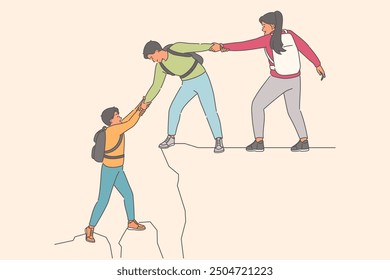 Friendly help from climbers for lagging friend, having trouble climbing to top of mountain. Friendly behavior of people traveling through area with difficult terrain creating obstacles on way