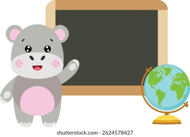 Amigável Hippopotamus de pé por Blackboard e Globo
