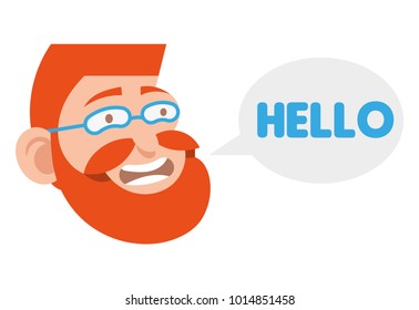 Friendly hipster young cute smile happy cartoon face man with redhead and red beard. He is saying hello. Modern vector style illustration isolated white background flat design Education comics concept