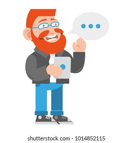 Friendly hipster young cute smile happy cartoon man with redhead and beard. He is waving his hand and keep him the tablet. Modern technology vector illustration isolated white background flat design