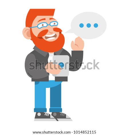 Friendly hipster young cute smile happy cartoon man with redhead and beard. He is waving his hand and keep him the tablet. Modern technology vector illustration isolated white background flat design