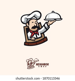 Friendly home chef look out of window mascot character logo design