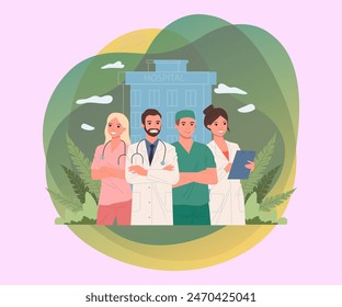 Friendly hospital doctors team. Medical practitioners, surgeon, nurses flat vector illustration. Healthcare, occupation, clinic staff concept for banner, website design or landing web page