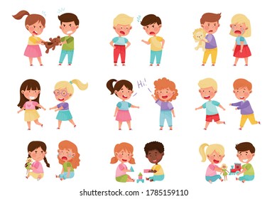 Friendly and Hostile Kids Playing Together Vector Illustrations Set