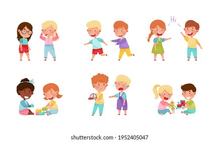 Friendly and Hostile Kids Playing Together Vector Illustrations Set