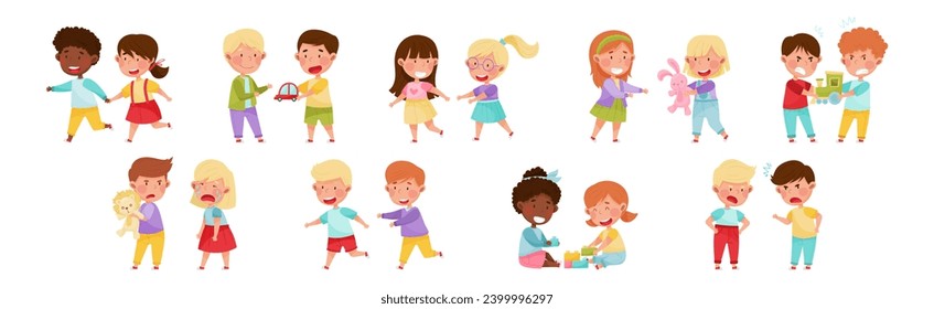 Friendly and Hostile Kids Playing Together Vector Illustration Set