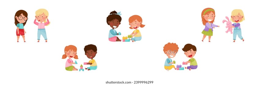 Friendly and Hostile Kids Playing Together Vector Illustration Set