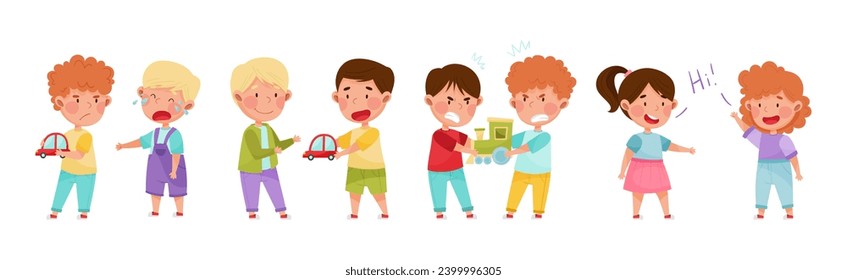 Friendly and Hostile Kids Playing Together Vector Illustration Set