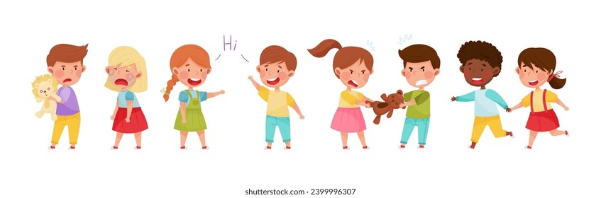 Friendly and Hostile Kids Playing Together Vector Illustration Set