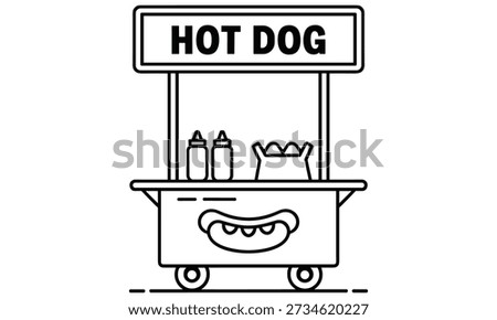 Friendly hot dog cart with a smiling face on its counter and condiments displayed on top is depicted in a simple black and white illustration, enticing customers to grab a hot dog on the go with its cheerful and welcoming presence.