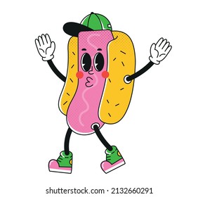 Friendly hot dog.Retro cartoon character in old animation style. Line art. 