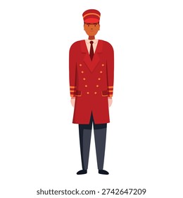 Friendly hotel porter standing upright in red uniform