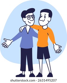 Friendly Hug Between Two Happy Male Friends, Cartoon Style Illustration