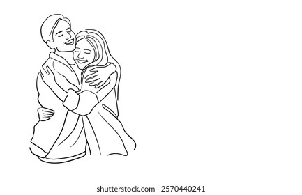 Friendly hugs continuous line art drawing isolated on white background. Girlfriend outline. Vector illustration