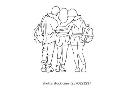 Friendly hugs continuous line art drawing isolated on white background. Teenager group, students outline. Vector illustration