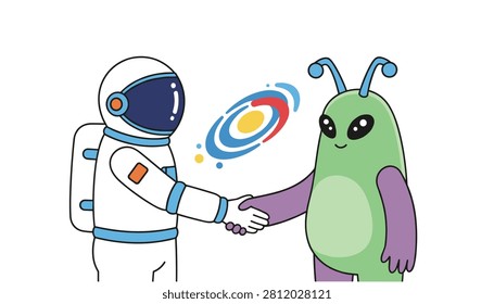 Friendly human astronaut in a white spacesuit shakes hands with a cute green alien monster in deep outer space.