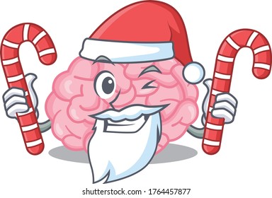 Friendly human brain in Santa Cartoon character holds Christmas candies