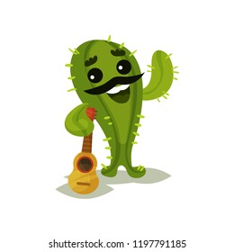 Friendly humanized cactus black mustache and guitar. Funny green succulent plant. Flat vector for poster or postcard