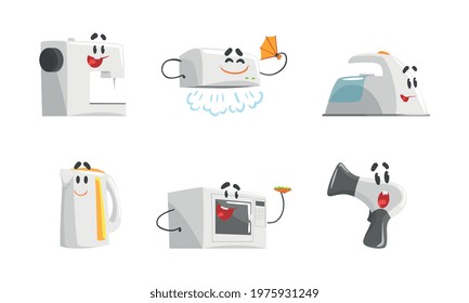 Friendly Humanized Household Appliance Working at Kitchen Vector Set