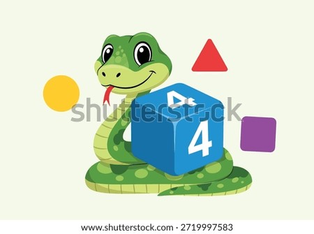 A friendly illustrated snake beside a blue dice cube