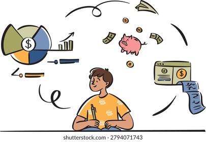 Friendly illustration of a child learning about financial literacy, budgeting, saving money, and money management. The scene includes charts, a piggy bank, cash, coins, a payment card, and a receipt, making it perfect for educational content, school materials, parenting blogs, kids finance courses, financial apps, and children’s money lessons.