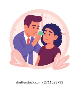 Eine freundliche Abbildung eines Arztes, der das Ohr eines Patienten mit einem Otoskop überprüft.