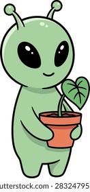 A friendly illustration of a small green alien character with antennae holding a terra cotta pot with a single heart shaped green leaf plant