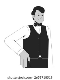 Amigável garçom indiano macho em traje formal 2D personagem linha. Trabalhador de hotelaria homem do sul da Ásia. Mordomo de servidor de alimentos waitstaff isolado vetor tinta contorno pessoa. Ilustração de ponto monocromático