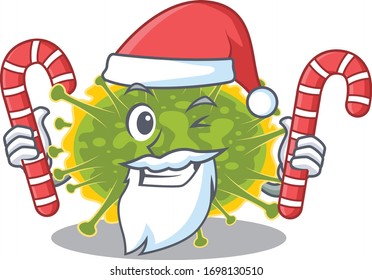 Friendly insthoviricetes in Santa Cartoon character holds Christmas candies