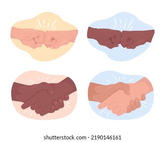 Friendly interaction 2D vector isolated illustration set. Acquaintance flat hand gesture on cartoon background. Meet and greet colourful editable scene for mobile, website, presentation collection