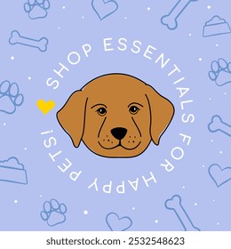 Friendly and inviting pet shop post featuring a cute puppy, promoting pet essentials for a happy pet life