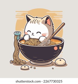 Friendly Japanese cat eating ramen. Cheerful and friendly vector graphics.