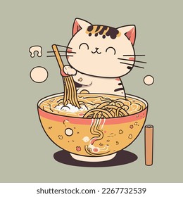 Friendly Japanese cat eating ramen. Cheerful and friendly vector graphics.