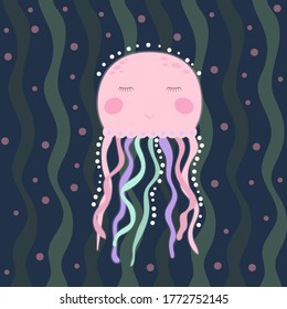 friendly jellyfish swimming underwater with a smile