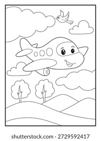 Friendly Jet Airplane Vector Line Art for Kids. Isolated Black and White Outline of a Commuter Plane for Children's Activity Books.