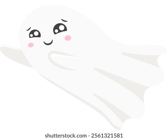 Friendly, kawaii style ghost floats gently with its arms outstretched, a cheerful smile and rosy cheeks adding to its adorable charm, perfect for Halloween or any spooky occasion