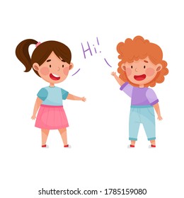 Friendly Kids Greeting Each Other Waving Hands and Laughing Vector Illustration